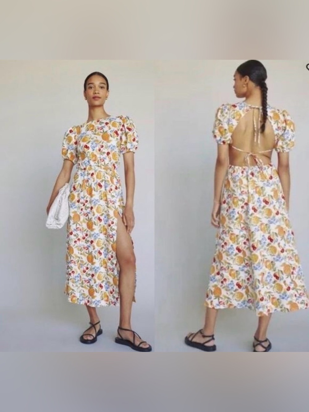 Reformation 100% linen cream fruit print with side slit.